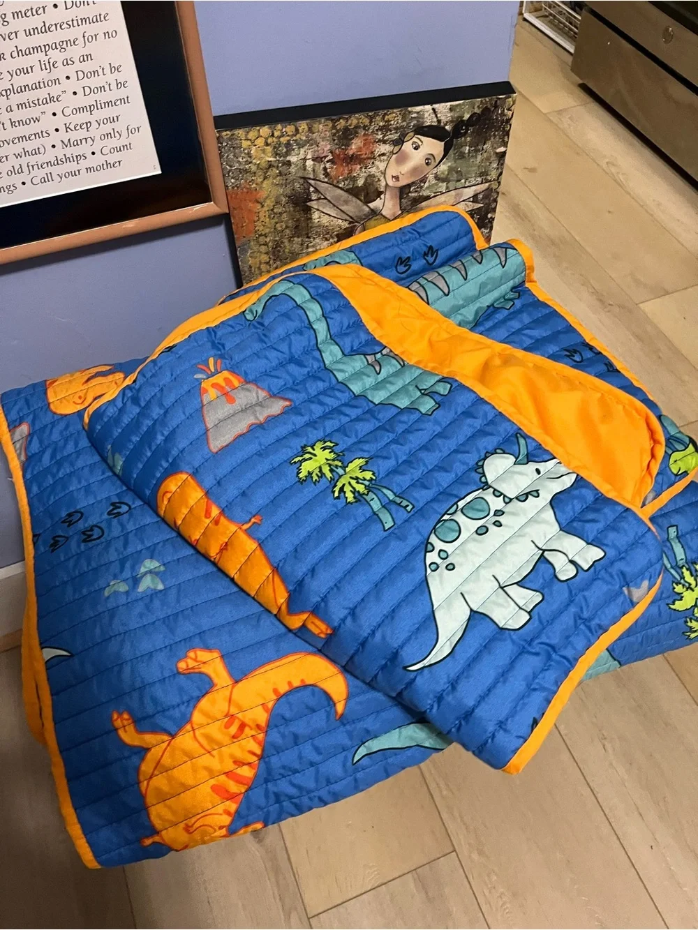 Kids Blue Dinosaur Quilted Bedding Throw - Orange Accents